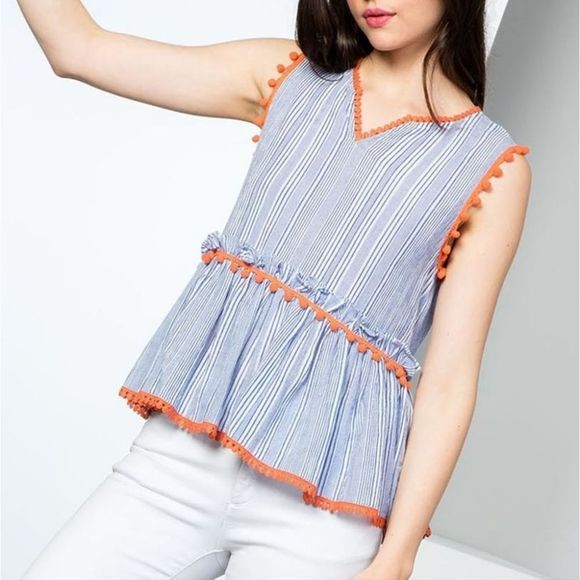 THML Blue White Stripe Pom Pom Peplum Cotton Blouse Size Medium - Picture 1 of 5
